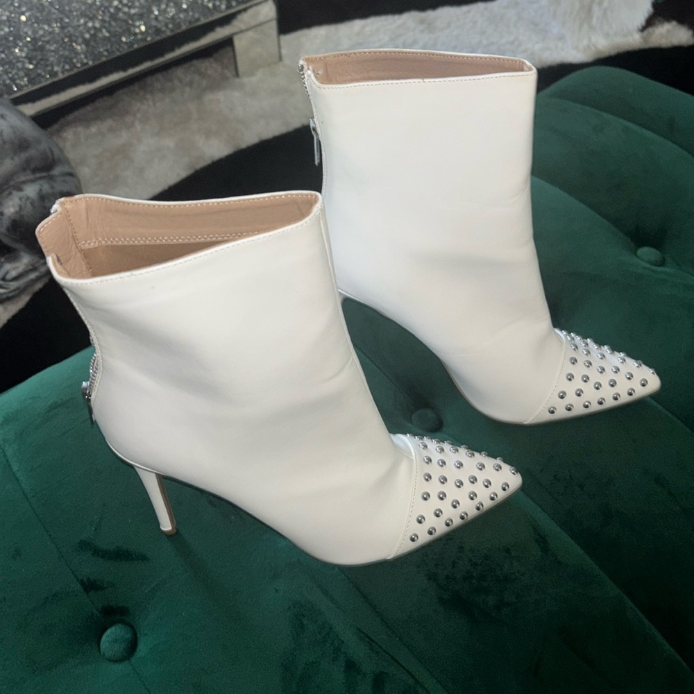 Wild Diva White Studded Pointed-Toe Stiletto Booties